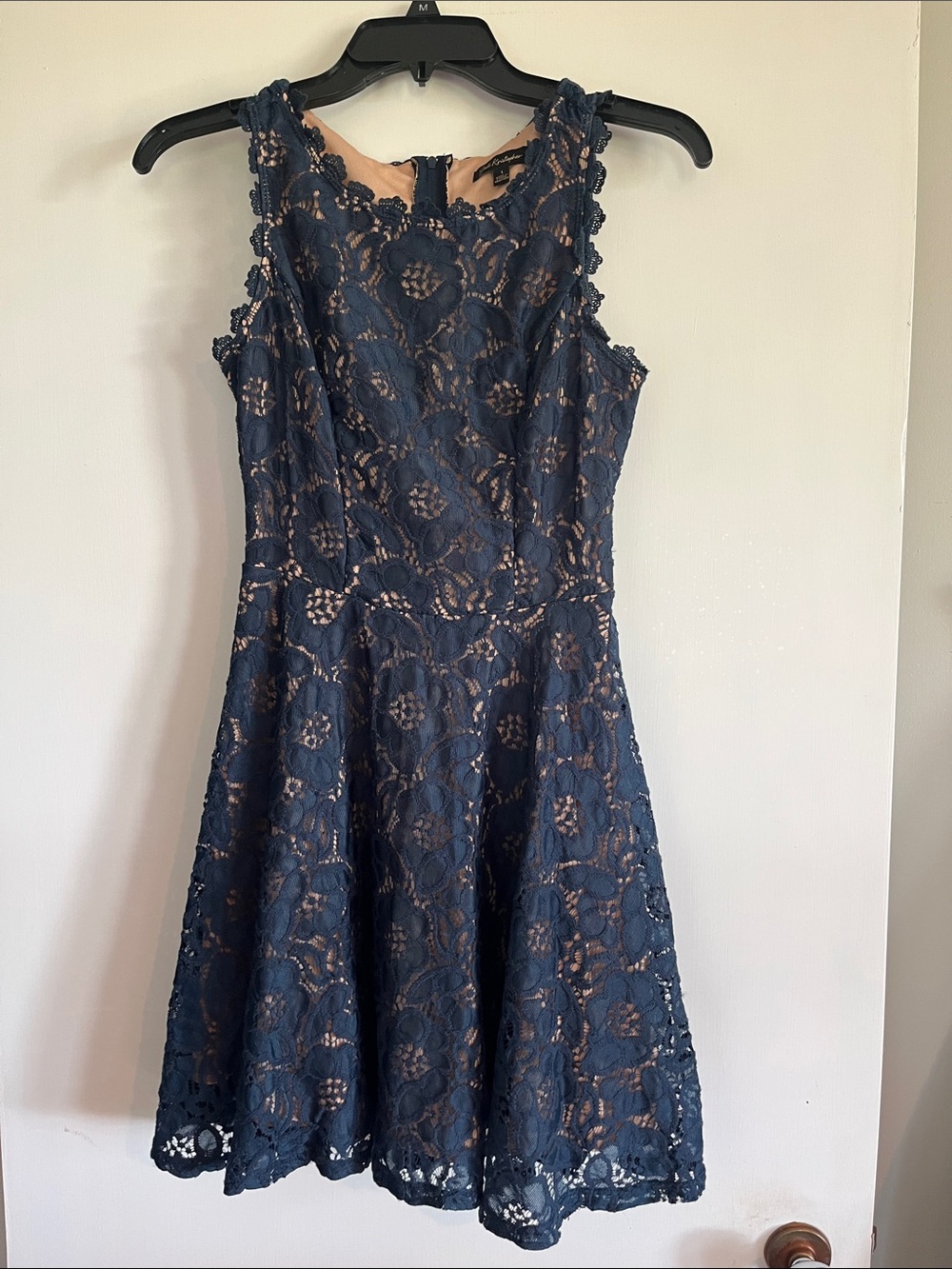Jodi Kristopher Navy Lace Fit-and-Flare Dress with Nude Underlay